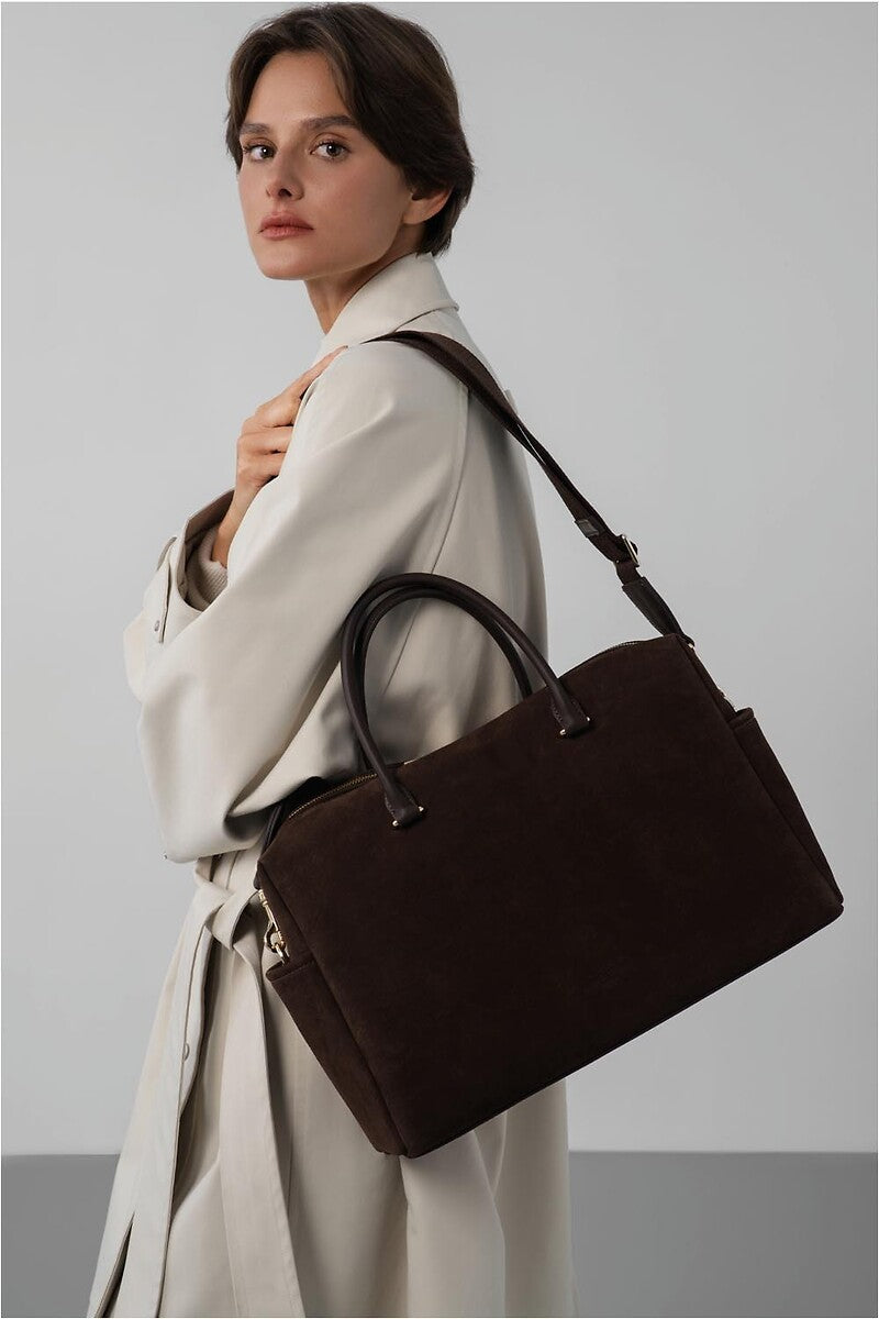 Sac cabas main marron en velours Suede Cube Lancaster 530-60