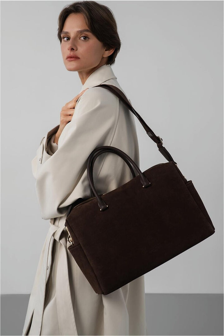 Sac cabas main marron en velours Suede Cube Lancaster 530-60
